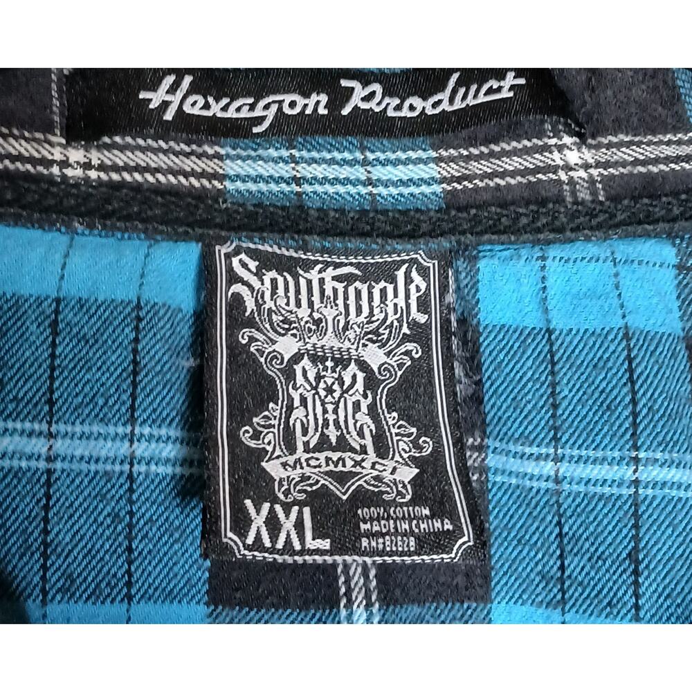 South Pole Mens XXL Blue Black Plaid Shirt Front Snap Long Sleeve Graphic Button - Picture 5 of 11